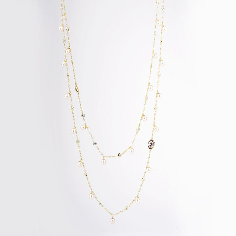 Collana Donna Cameo Italiano Argento Dorato 925 Fiore Cammeo Perle Zirconi C4-G