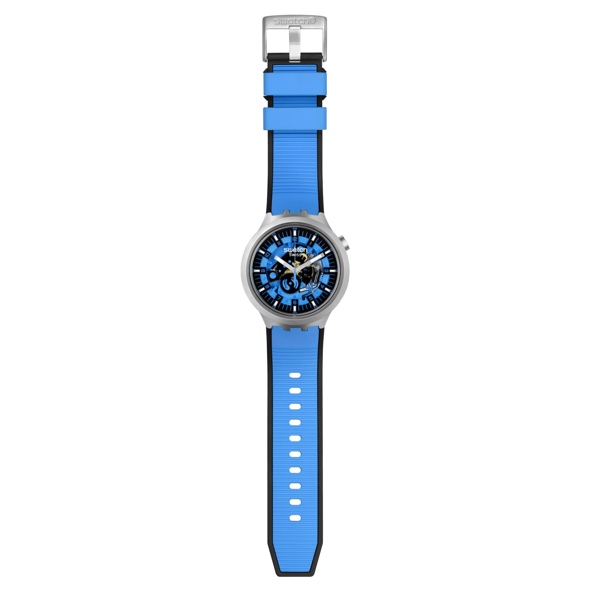 Orologio Unisex Swatch Acciaio Big Bold Azure Blue Daze Gomma Scheletrato SB07S106