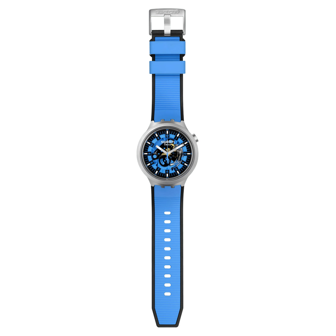 Orologio Unisex Swatch Acciaio Big Bold Azure Blue Daze Gomma Scheletrato SB07S106