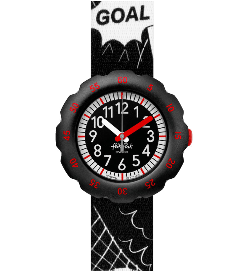 Orologio Bambino Swatch Flik Flak Goal Quarzo Solo Tempo Nero Rosso ZFPSP064
