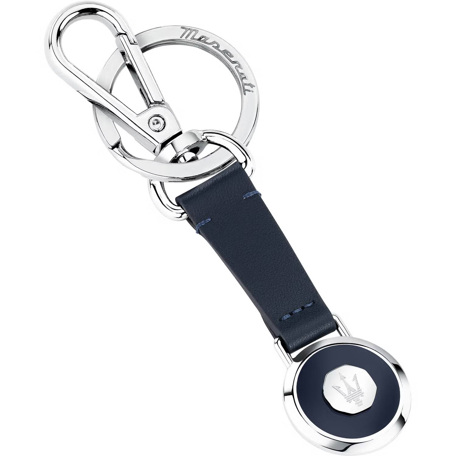 Portachiavi Uomo Maserati Acciaio Lucido Pelle Nera Rigenerata Logo centrale KMU5240102