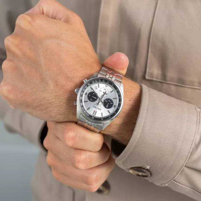 Orologio Uomo Seiko Sport Acciaio Quarzo Cronografo Bianco Nero Data SSB425P1