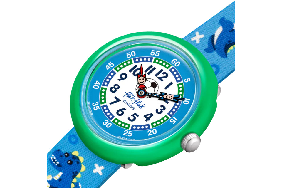 Orologio Bambino Swatch Flik Flak Soccerozaurus Quarzo Solo Tempo Azzurro ZFBNP209
