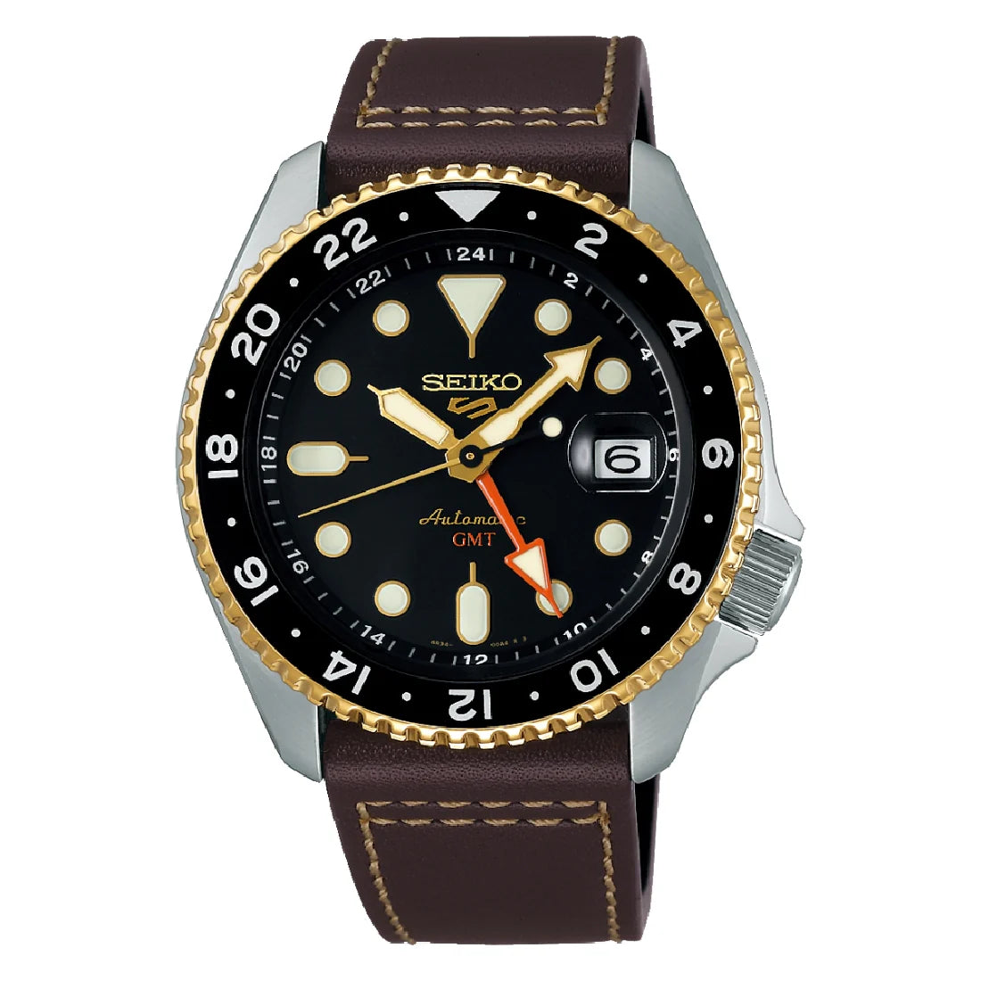 Orologio Uomo Seiko 5 GMT Sport Pelle Marrone Nero Dorato SSK036K1