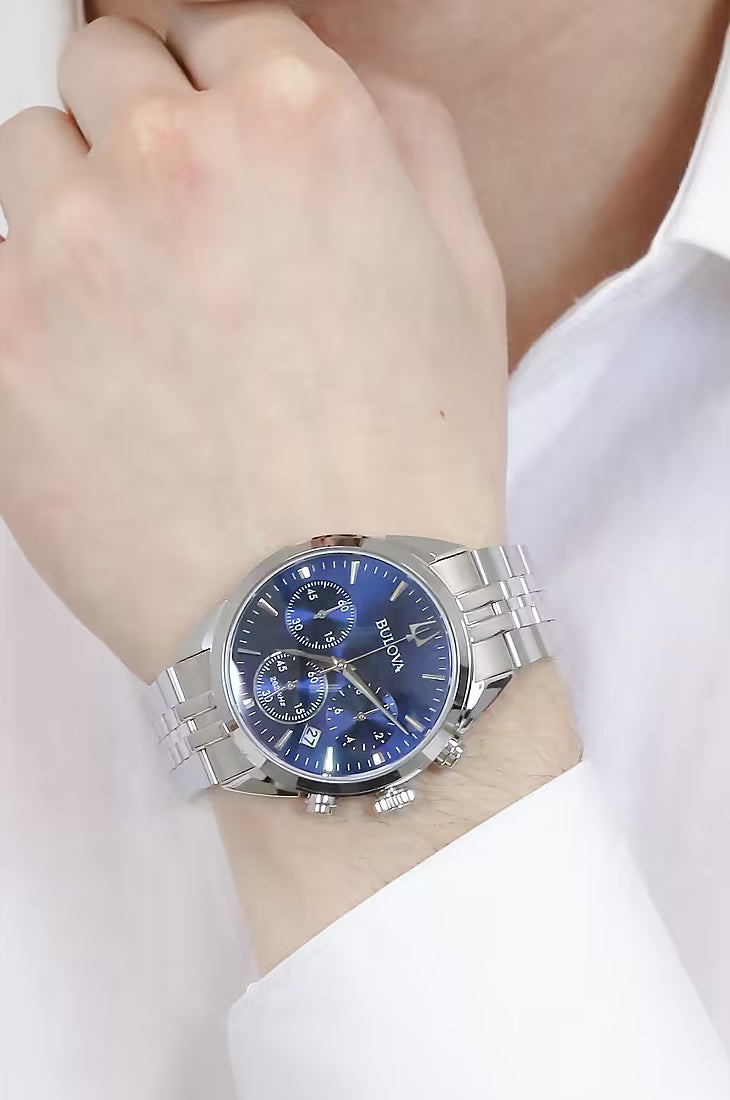 Orologio Uomo Bulova Quarzo Cronografo Blu HIGH PRECISION Acciaio Lucido 96B373