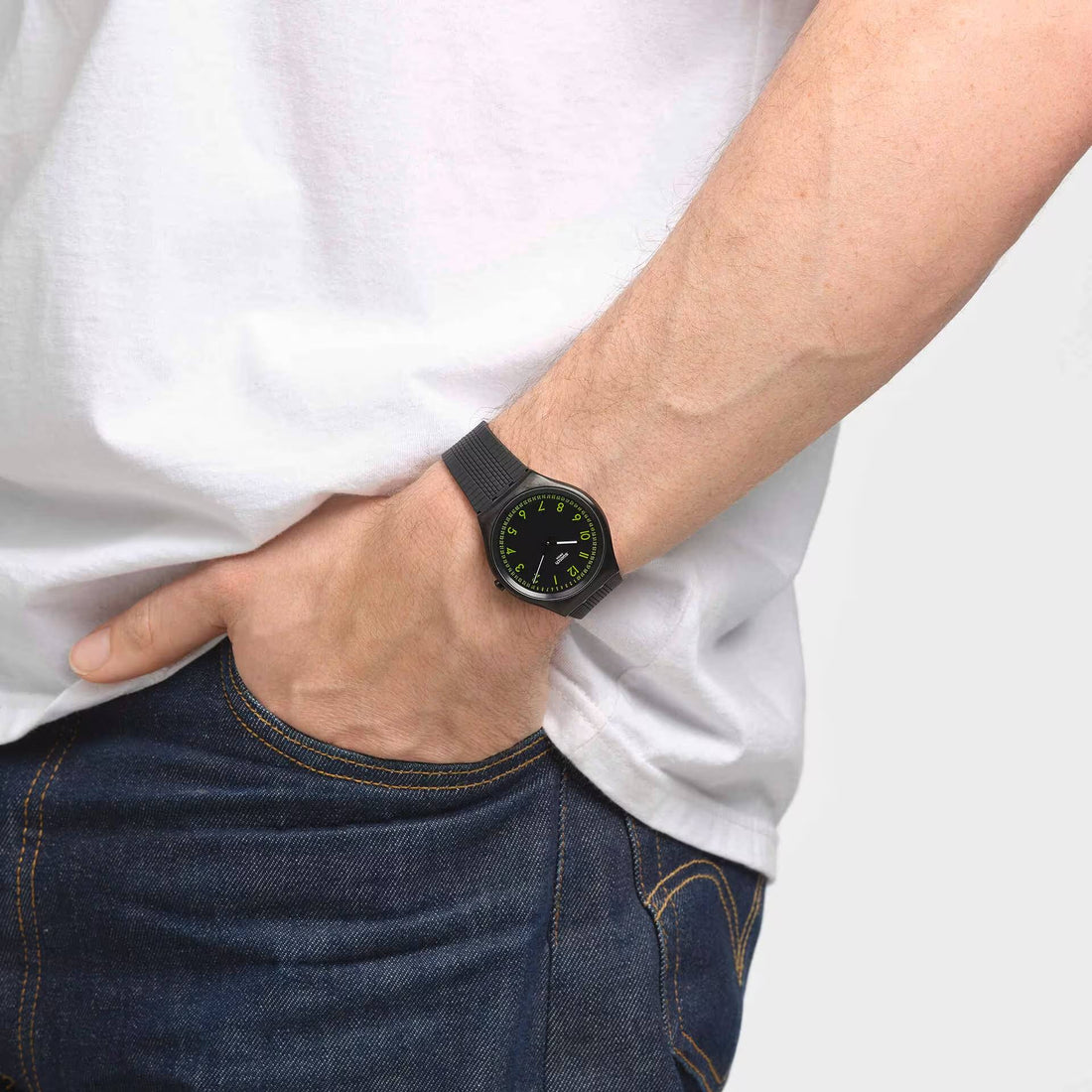 Orologio Uomo Swatch Quarzo Skin Nero Solo Tempo Numeri Verde Brushed Green SS07B108