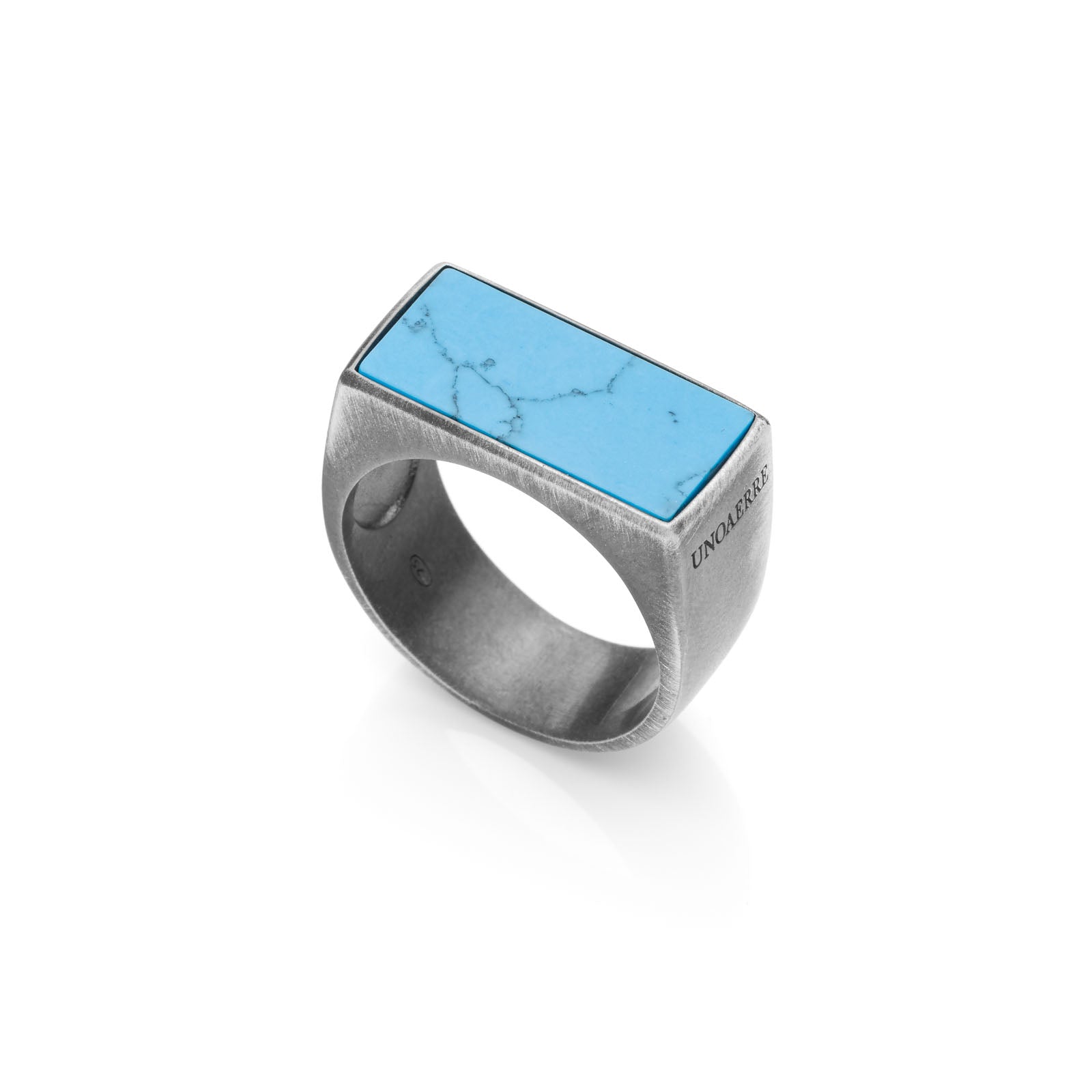 Anello Uomo Unoaerre Argento Brunito 925 Fascia Pietra Rettangolo Turchese 533616