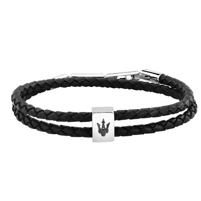 Bracciale Uomo Maserati Acciaio Pelle Semirigido Nero Doppiofilo JM226AVE44