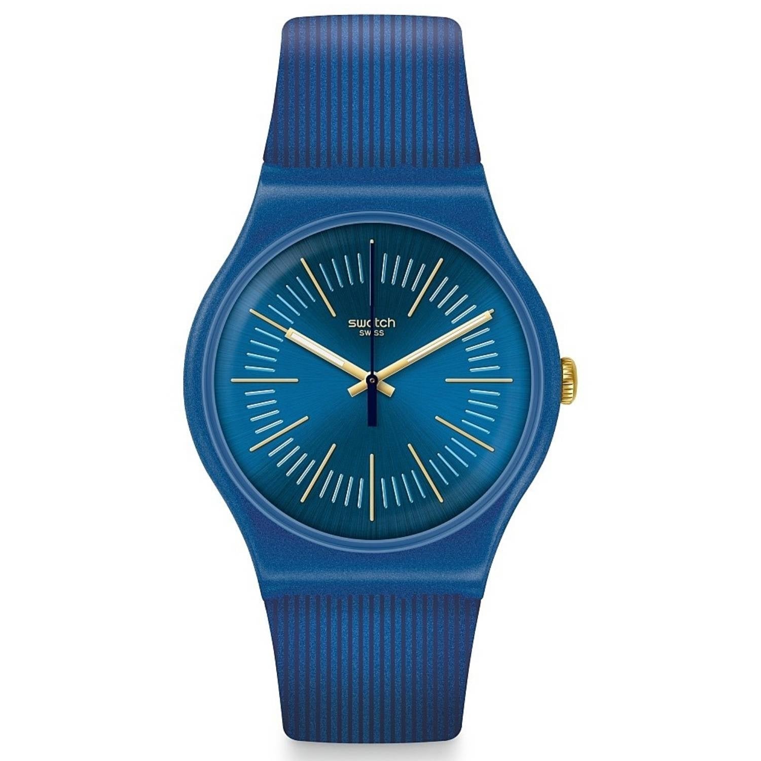 Orologio Uomo Gomma Resina Swatch Quarzo Solo Tempo Blu Oro Cyderalblue SUON143