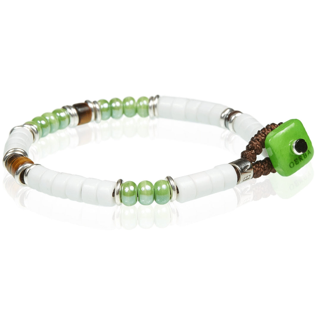 Bracciale Uomo Gerba Argento 925 Ceramica Bianca Pietre Occhio Di Tigre Verde WG03