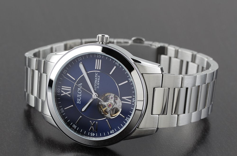 Orologio Uomo Bulova Automatico Numeri Romani Acciaio Blu Open Heart 96A281