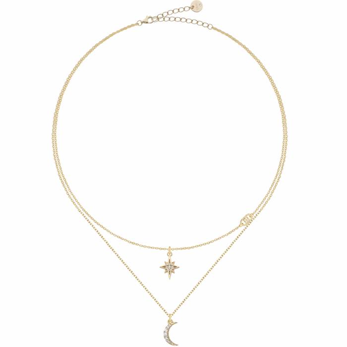 Collana Donna Liu Jo Argento 925 Dorato Multifilo Pendente Stella Luna Zirconi Bianchi ALJ325