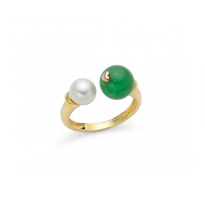 Anello Donna Miluna Argento Dorato 925 I Segreti Della Natura Perla Bianca Quarzo Verde Cuore Oro 9 Kt Misura 14 PLI1724