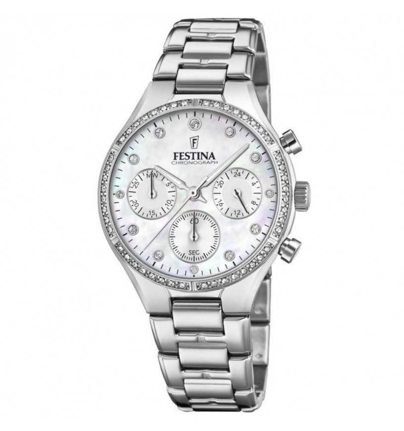 Orologio Donna Festina Quarzo Cronografo Acciaio Zirconi Bianchi F20401/1