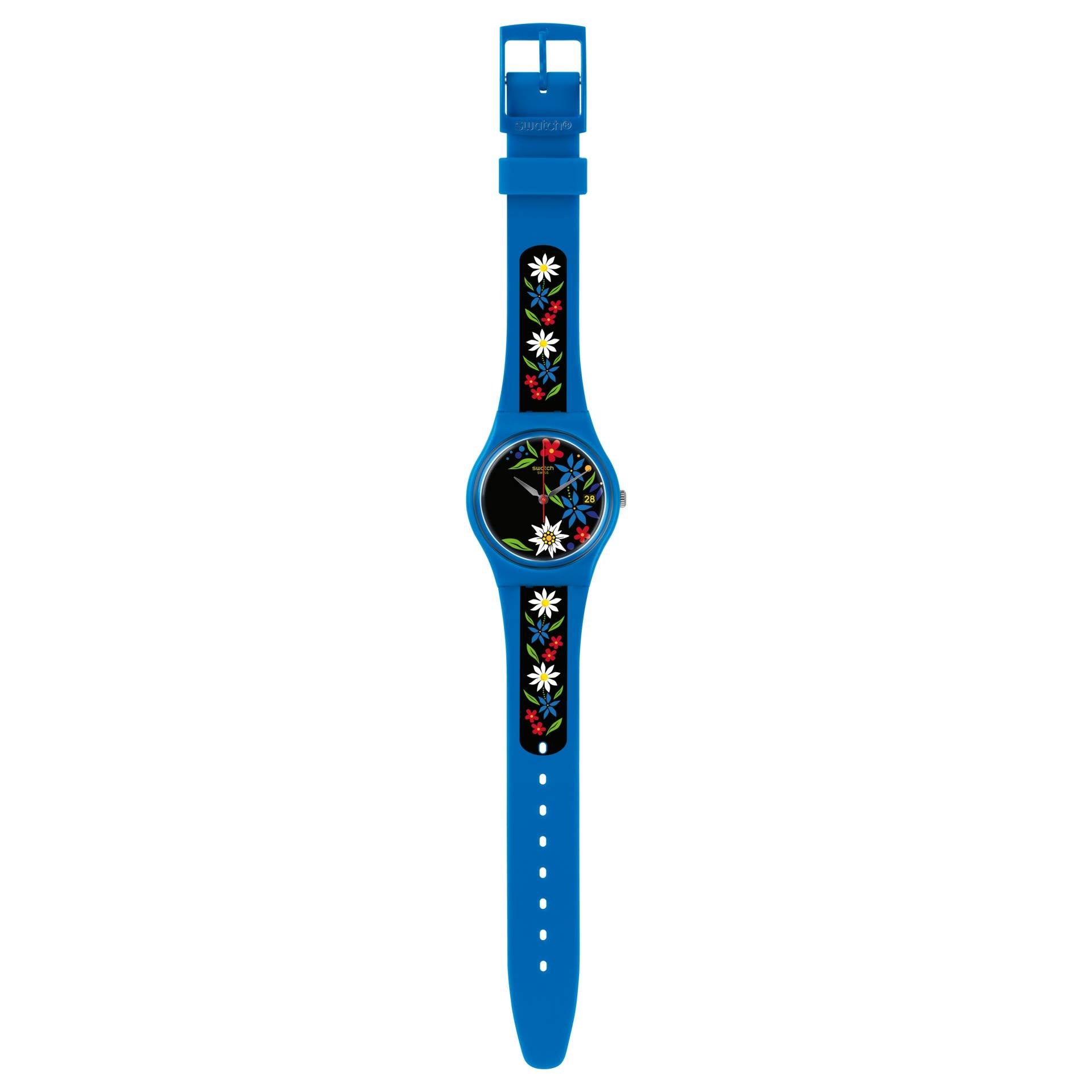Orologio Donna Gomma Resina Swatch Quarzo Solo Tempo Blu Fiori Data GN412