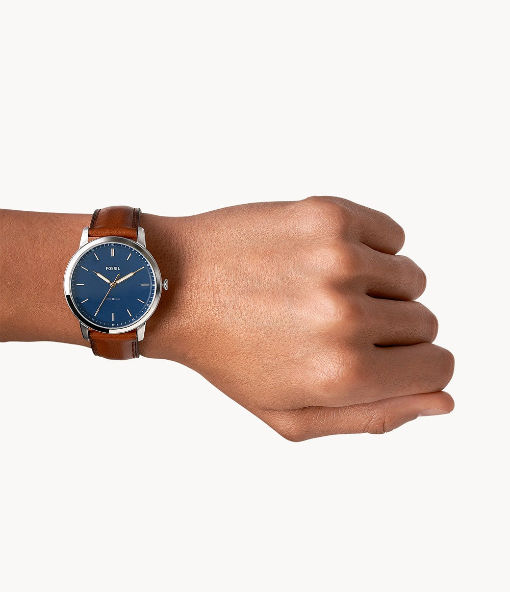 Orologio Uomo Acciaio Fossil Solo Tempo The Minimalist Blu Pelle Marrone FS5304