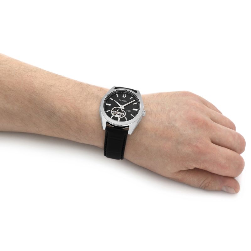 Orologio Uomo Bulova Automatico Surveyor Acciaio Pelle Open Heart Argentè 96A273