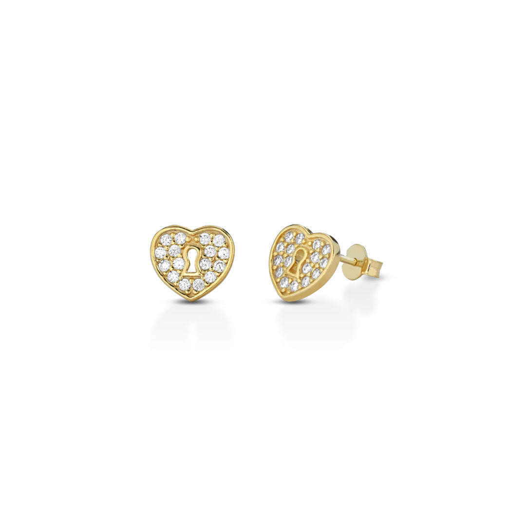 Orecchini Donna Kulto Argento Dorato 925 Al Lobo Zirconi Cuore Lucchetto KE925-19