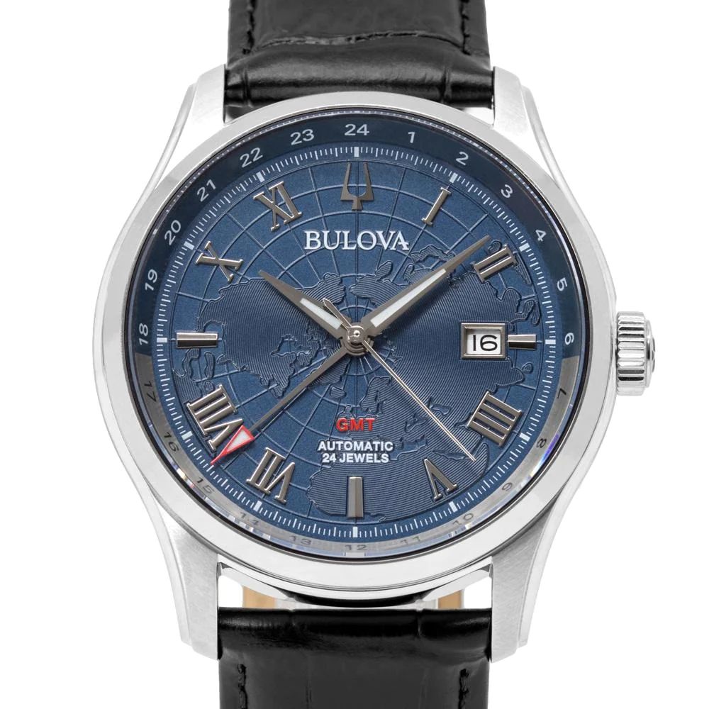 Orologio Uomo Bulova Automatico GMT Wilton Blu Acciaio Data Pelle Nero 96B385