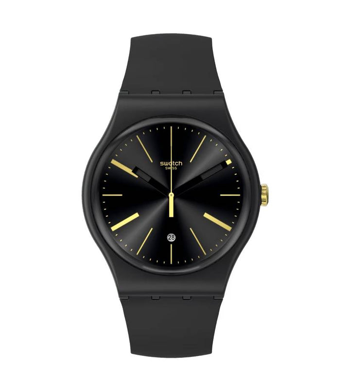 Orologio Unisex Swatch A Dash Of Yellow Quarzo Solo Tempo Nero Oro Data SO29B403