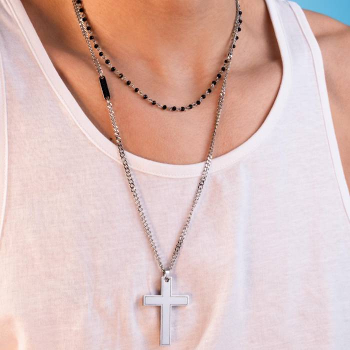Collana Uomo 4US Cesare Paciotti Acciaio Doppio Filo Rosaio Croce 4UCL8650