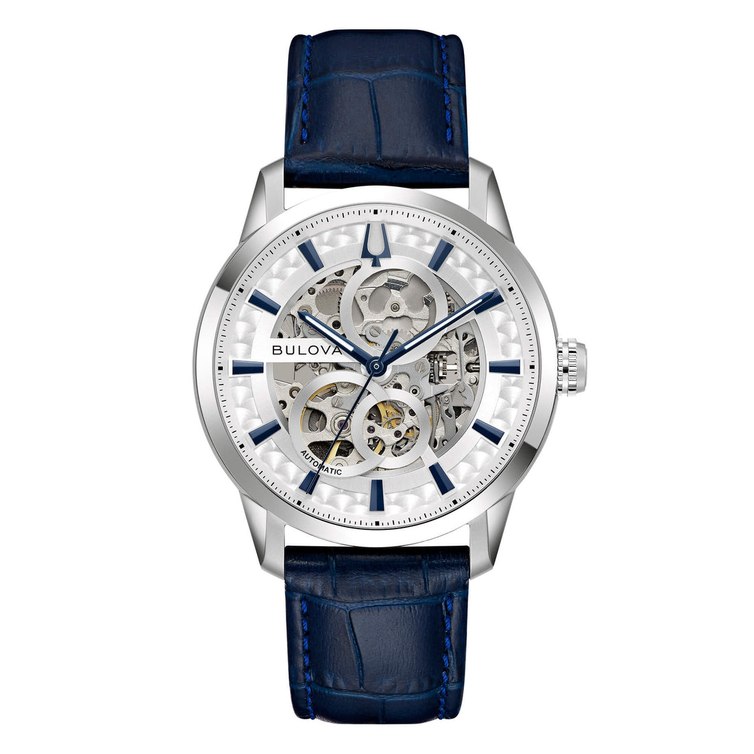 Orologio Uomo Bulova Automatico Sutton Pelle Blu Skeleton 96A330