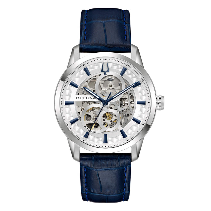 Orologio Uomo Bulova Automatico Sutton Pelle Blu Skeleton 96A330