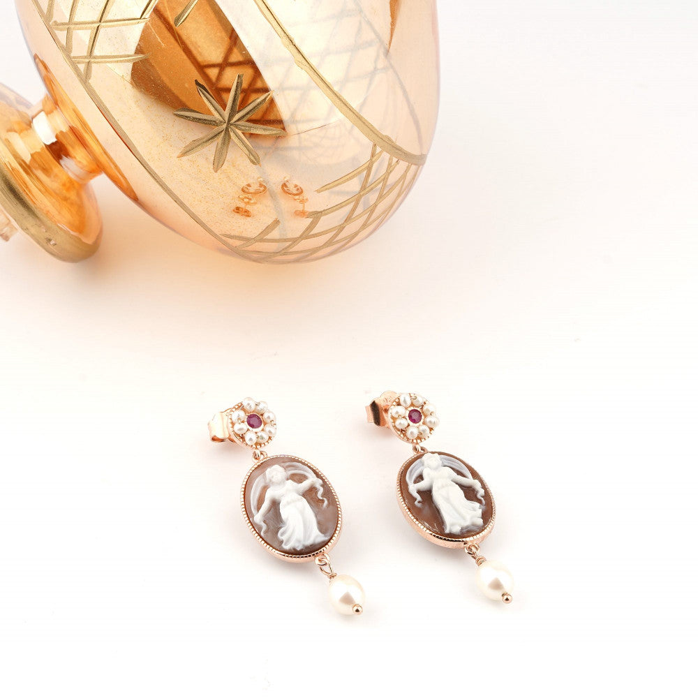Orecchini Donna Cameo Italiano Argento Rosè 925 Donna Incisa Cammeo Marrone O909-R