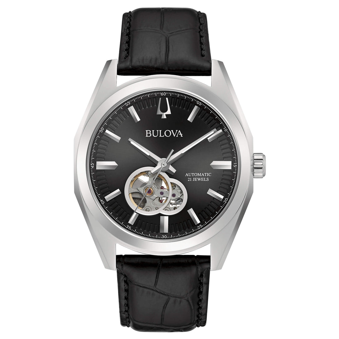 Orologio Uomo Bulova Automatico Surveyor Acciaio Pelle Open Heart Argentè 96A273