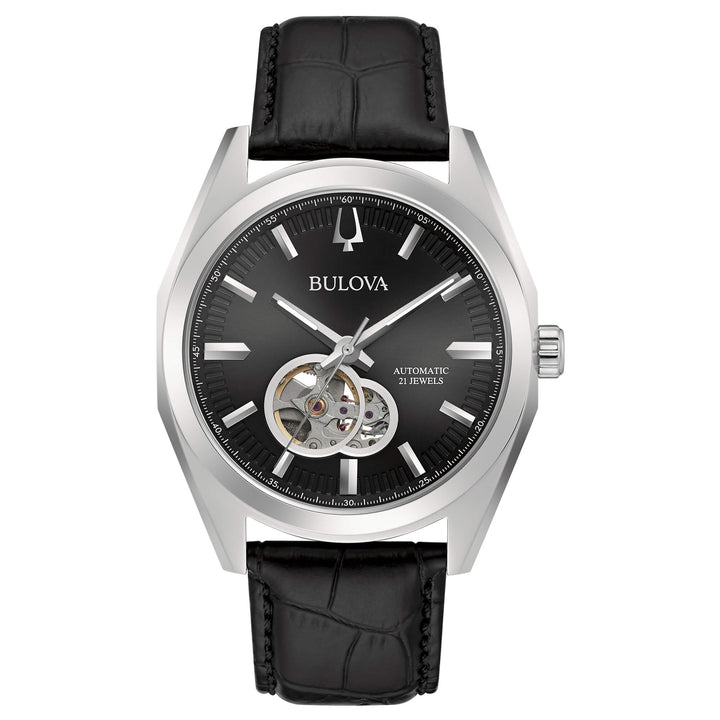 Orologio Uomo Bulova Automatico Surveyor Acciaio Pelle Open Heart Argentè 96A273
