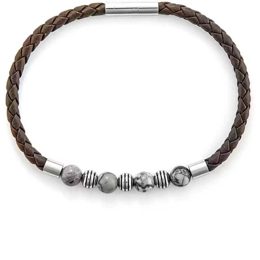 Bracciale Uomo 4US Cesare Paciotti Acciaio Cuoio Intrecciato Semirigido e biglie di diaspro grigio 4UBR6385