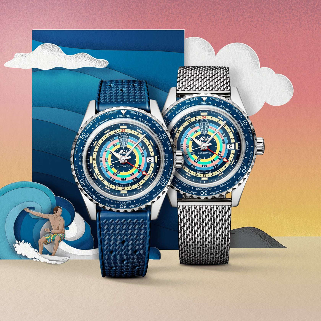 Orologio Uomo Mido Automatico GMT Ocean Star Decompression Data Blu M0268291704100