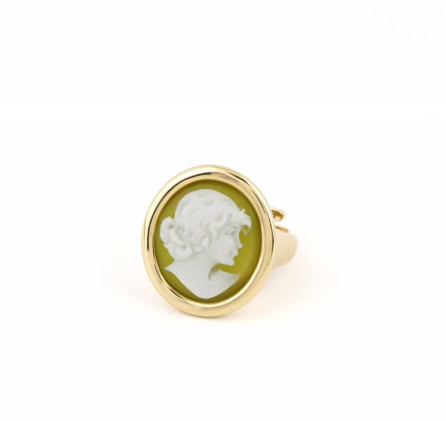Anello Donna Cameo Italiano Argento Dorato 925 Verde Testa Donna A21PM-G