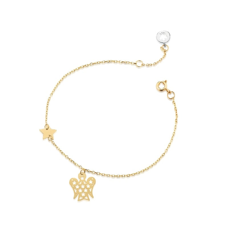 Bracciale Donna Oro 9 ck con Angelo charm traforato e Stelle ai lati.