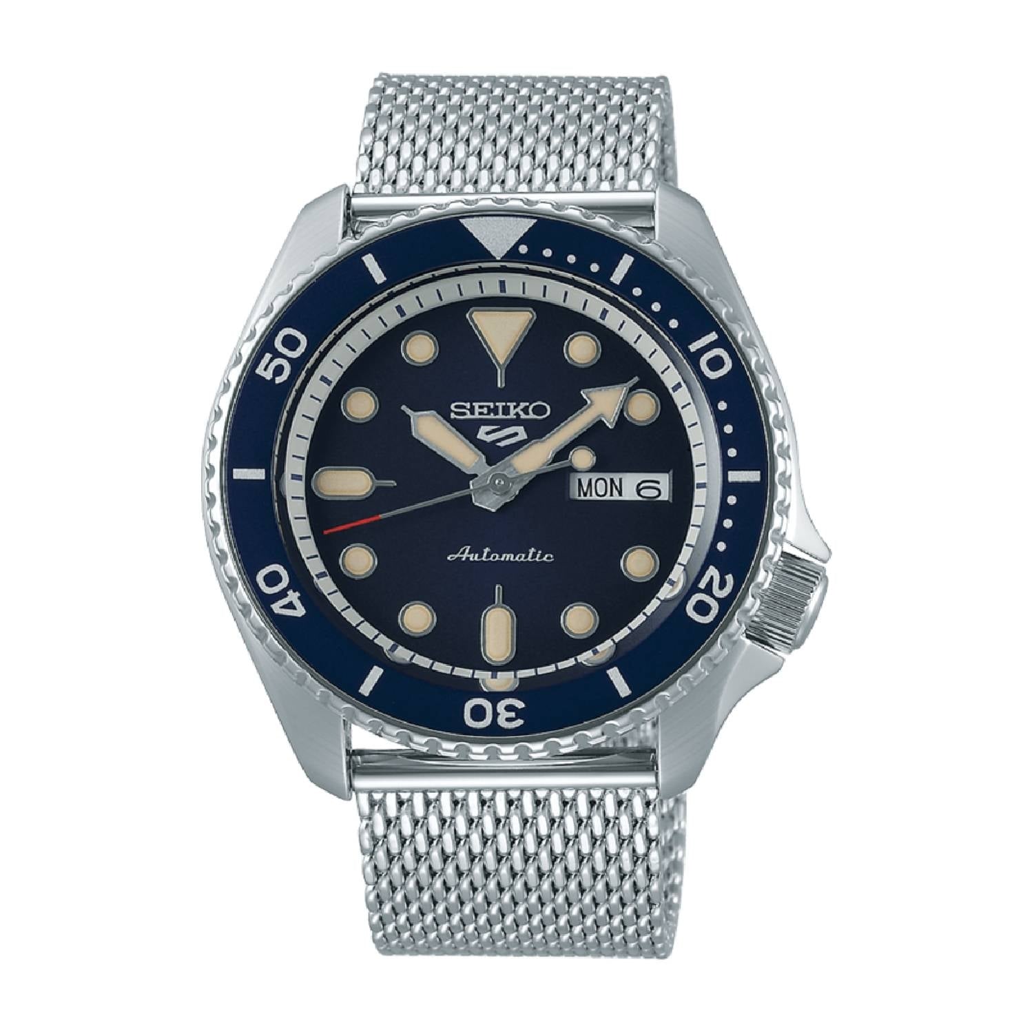 Orologio Uomo Acciaio Automatic SEIKO 5 Sport 43mm Doppia data blu Maglia Milano