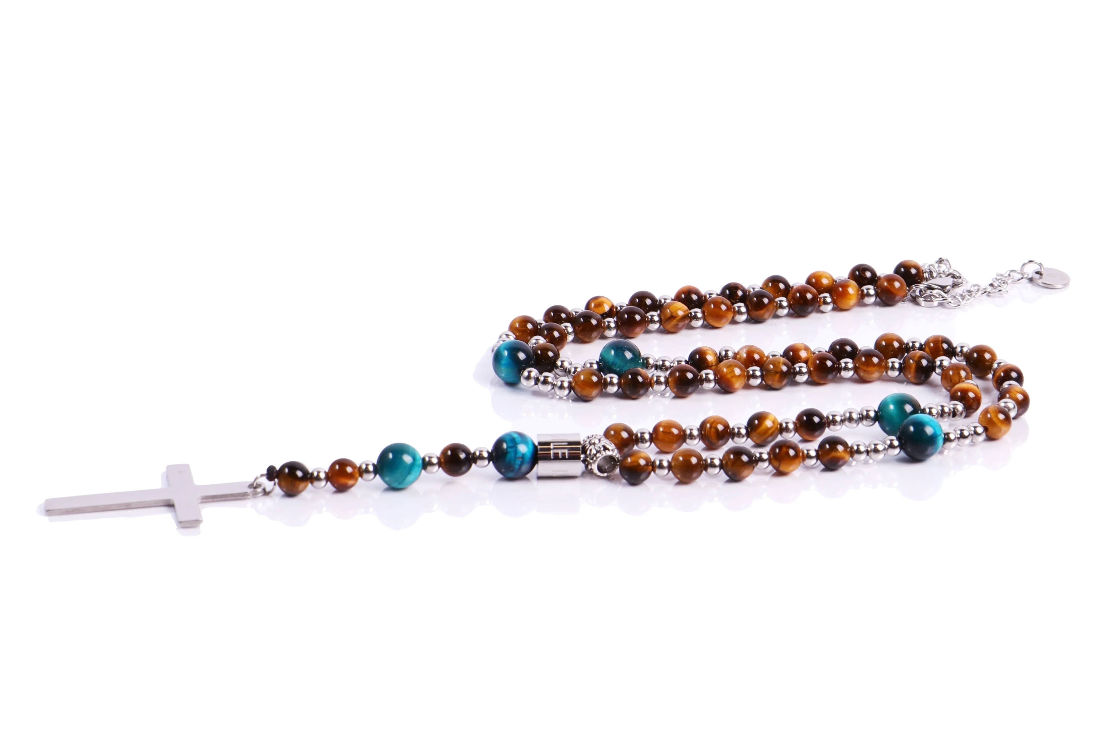 Collana Uomo Ivan Basile Rosario Acciaio Pietra Occhio Di Tigre Marrone Blu ROS_06