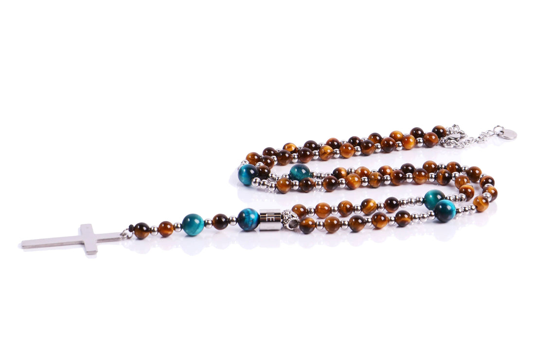 Collana Uomo Ivan Basile Rosario Acciaio Pietra Occhio Di Tigre Marrone Blu ROS_06