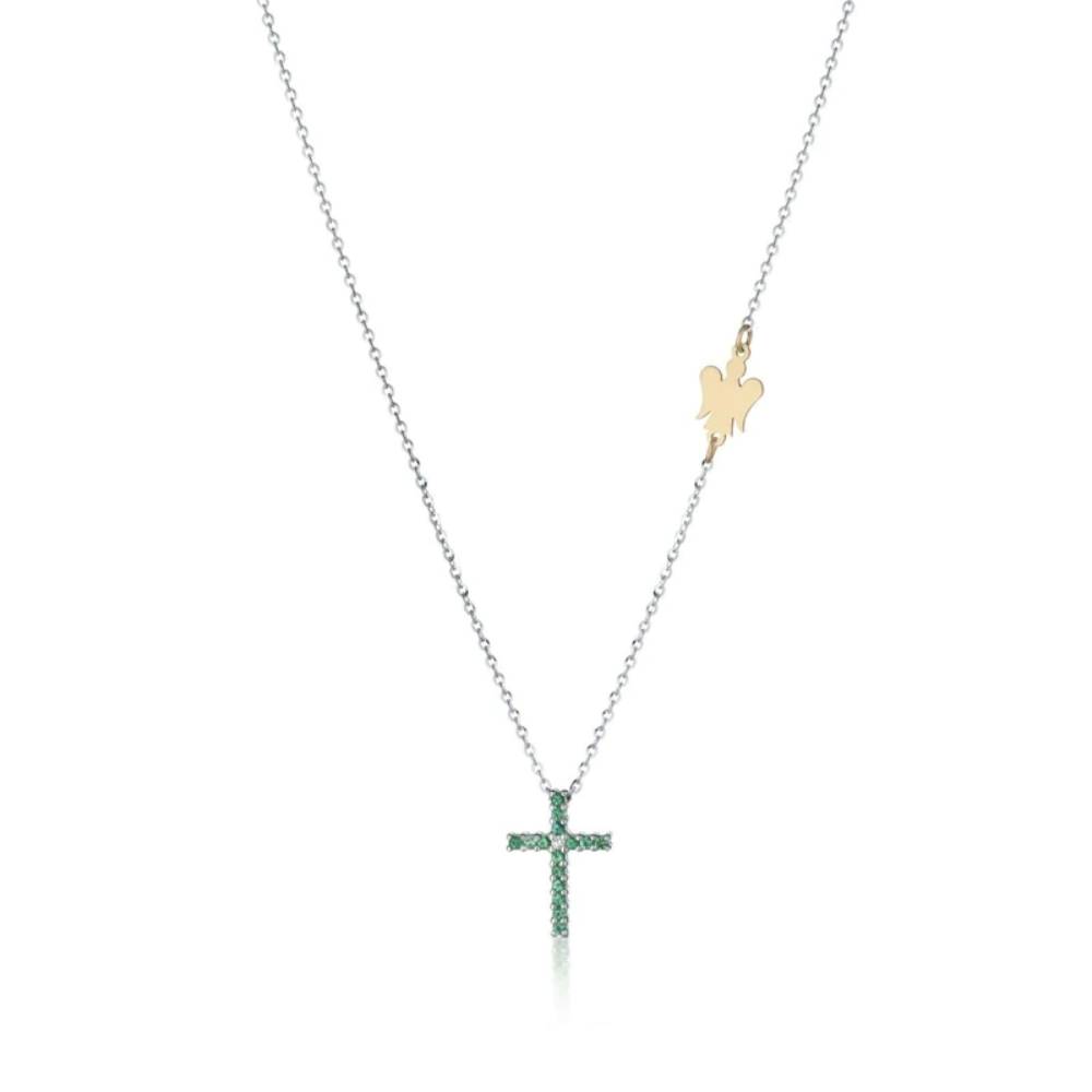 Collana Donna Roberto Giannotti Oro Bianco 9 KT Diamante Smeraldi Verdi Croce LUX302R
