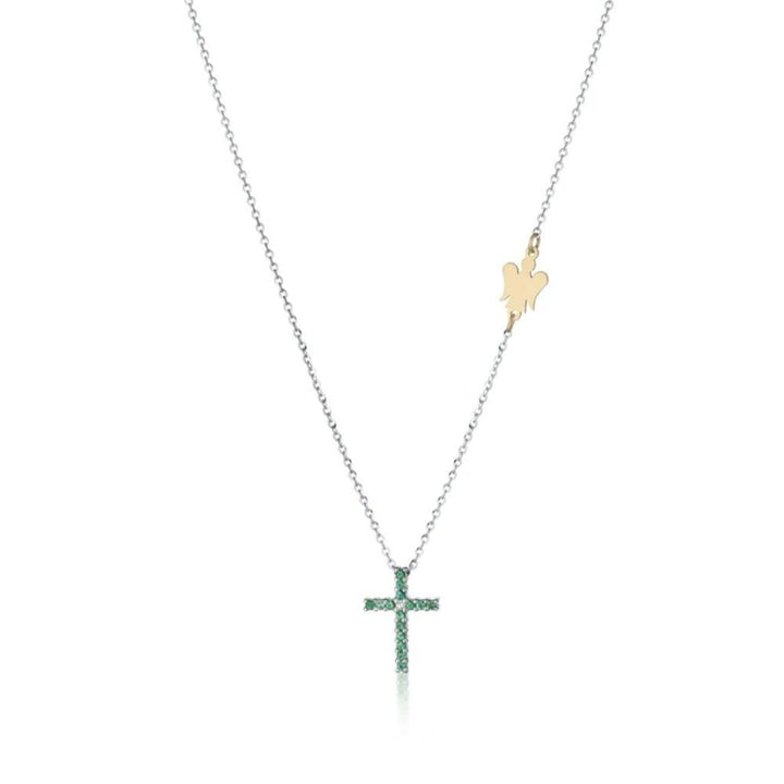 Collana Donna Roberto Giannotti Oro Bianco 9 KT Diamante Smeraldi Verdi Croce LUX302R
