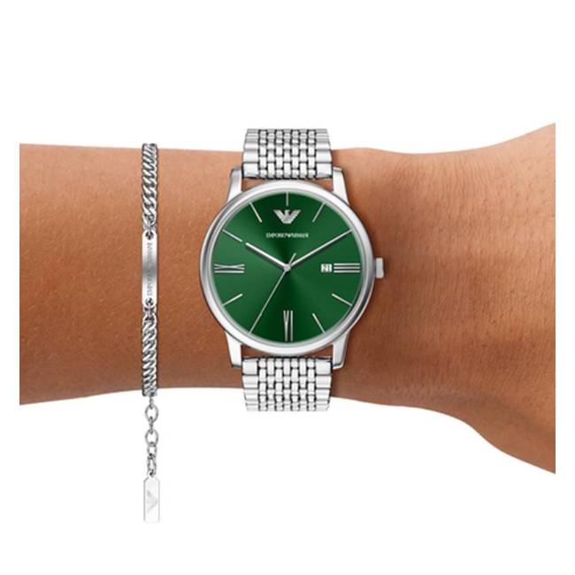 Orologio Uomo Emporio Armani Set Bracciale Quarzo Verde Data AR80087SET
