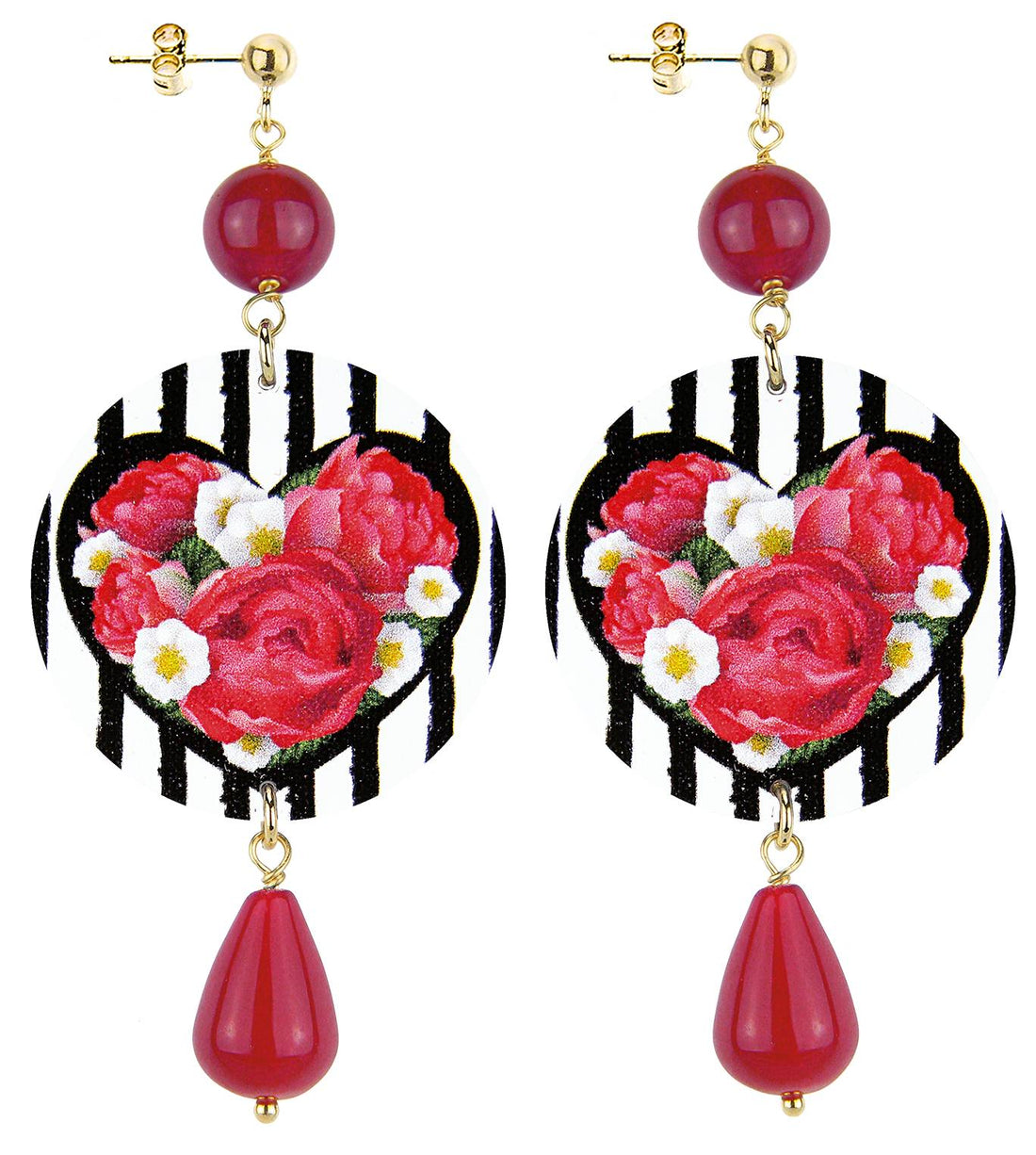 Orecchini Donna Lebole In Ottone Con Pietre Naturali Fiore Rosso A Cuore OR.177
