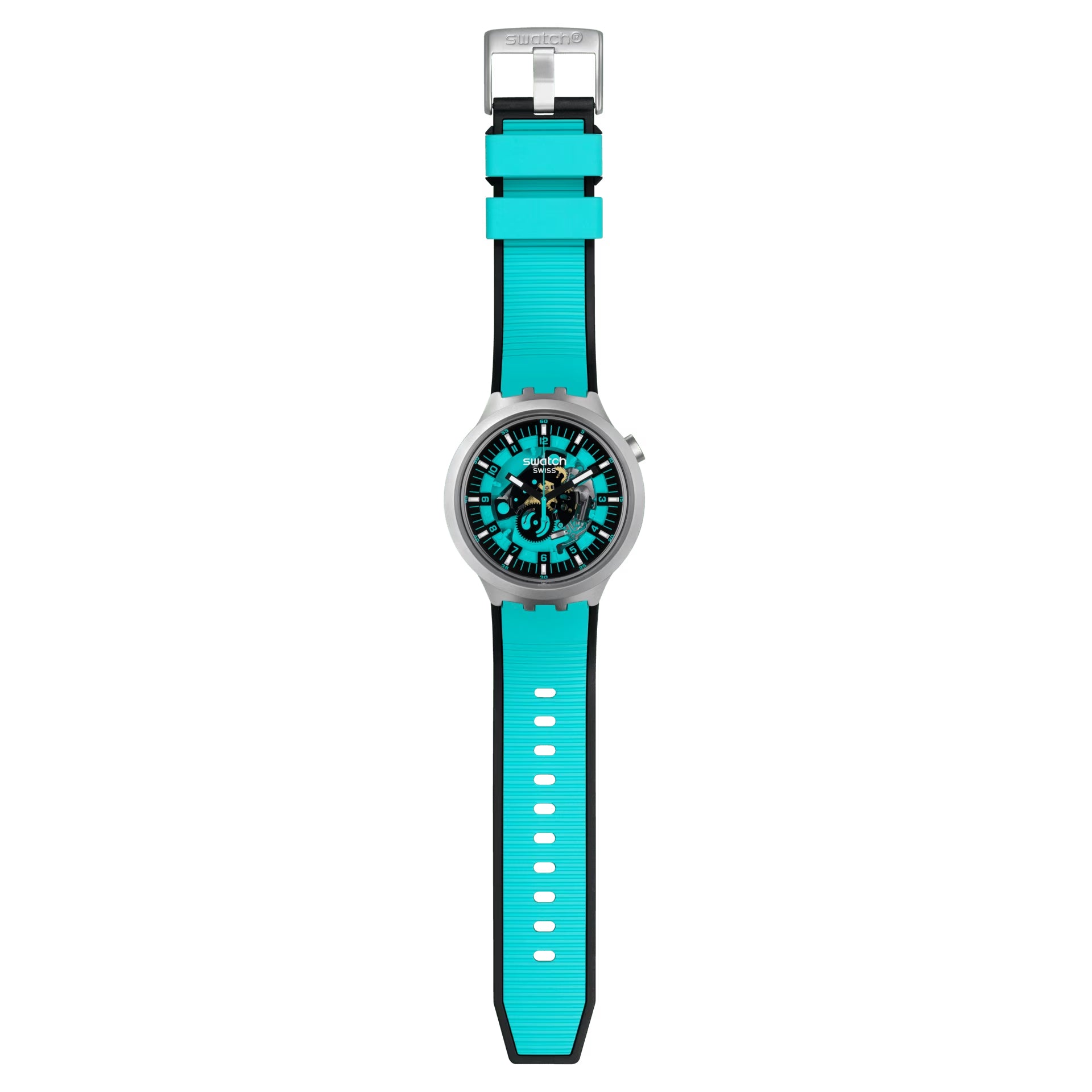 Orologio Unisex Swatch Acciaio Big Bold Mint Trim Gomma Turchese Scheletrato SB07S111