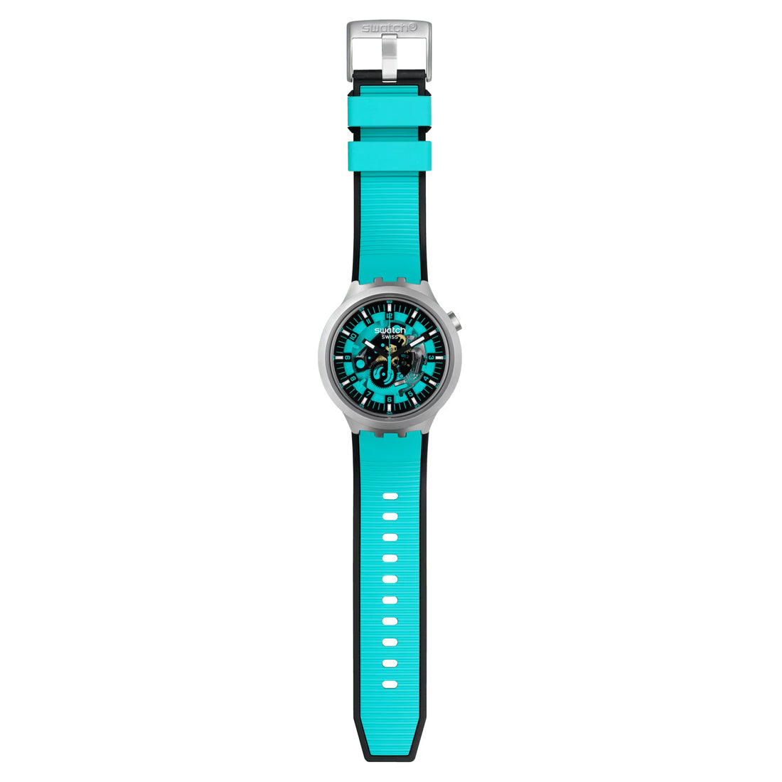 Orologio Unisex Swatch Acciaio Big Bold Mint Trim Gomma Turchese Scheletrato SB07S111