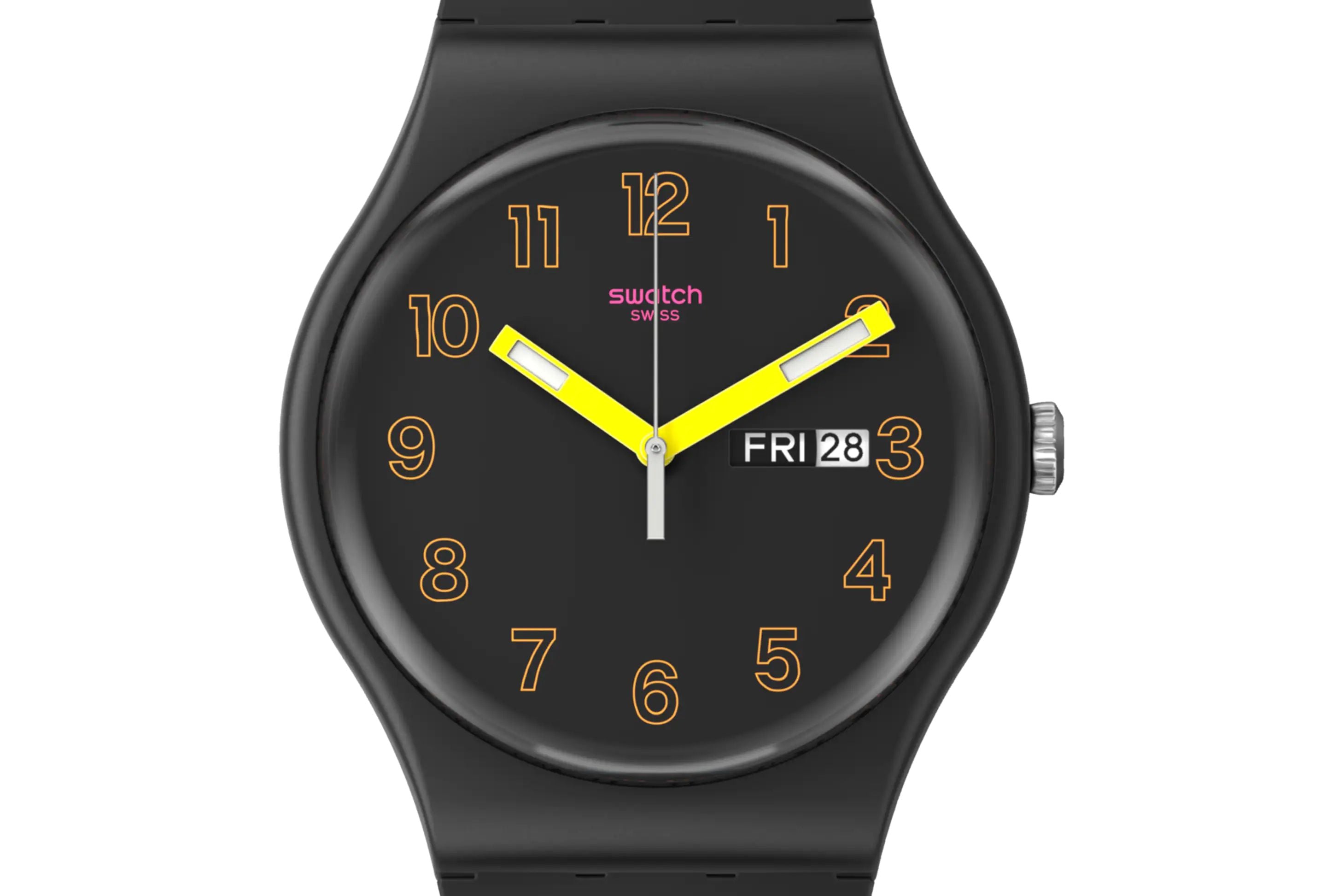 Orologio Unisex Swatch Quarzo Doppia Data Dark Glow Numeri Fluo Nero SO29B707