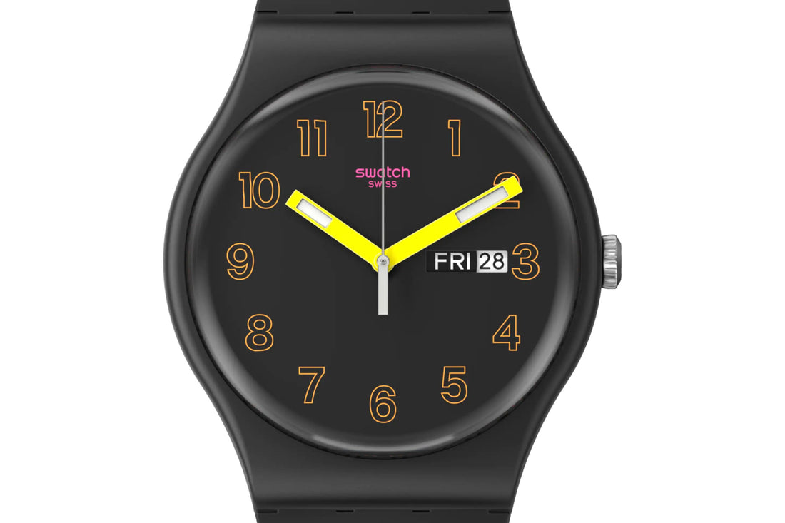 Orologio Unisex Swatch Quarzo Doppia Data Dark Glow Numeri Fluo Nero SO29B707