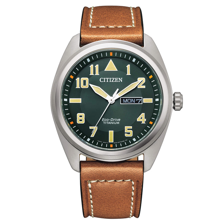 Orologio Uomo Citizen Eco-Drive Titanio Quarzo Doppia Data Pelle Marrone BM8560-11X