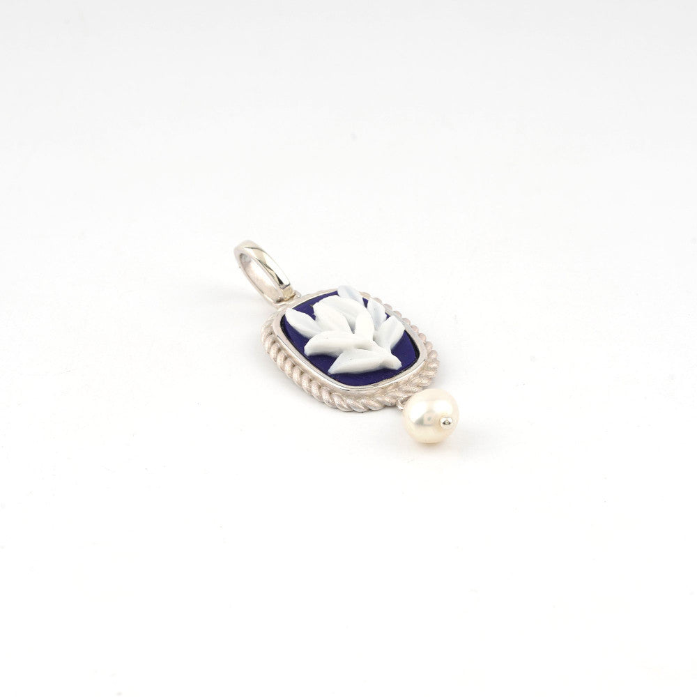 Pendente Donna Cameo Italiano Argento 925 Fiore Calla Incisa Cammeo Blu P501SPM-B
