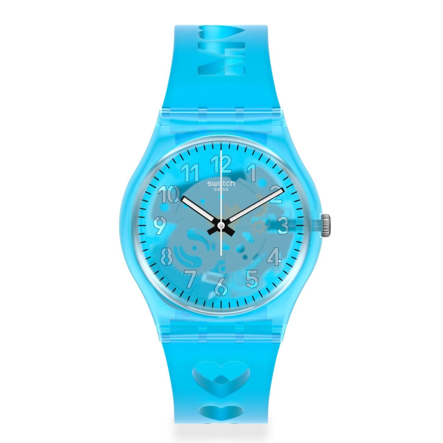 Orologio Donna Gomma Swatch Quarzo Solo Tempo Numeri I Love Mom Blu GZ353