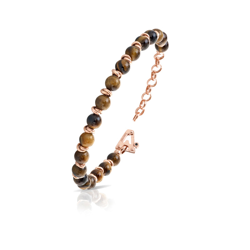 Bracciale Uomo Arkano Biglie Occhio Di Tigre Argento 925 Rosè Diamante Nero ABRE9