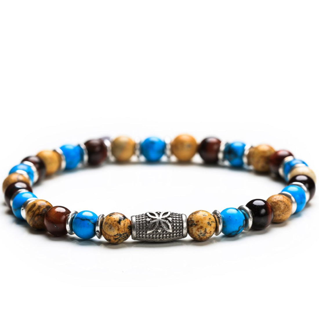 Bracciale Unisex Gerba Argento 925 Elastico Pietre Occhio di Tigre Turchese COD.250